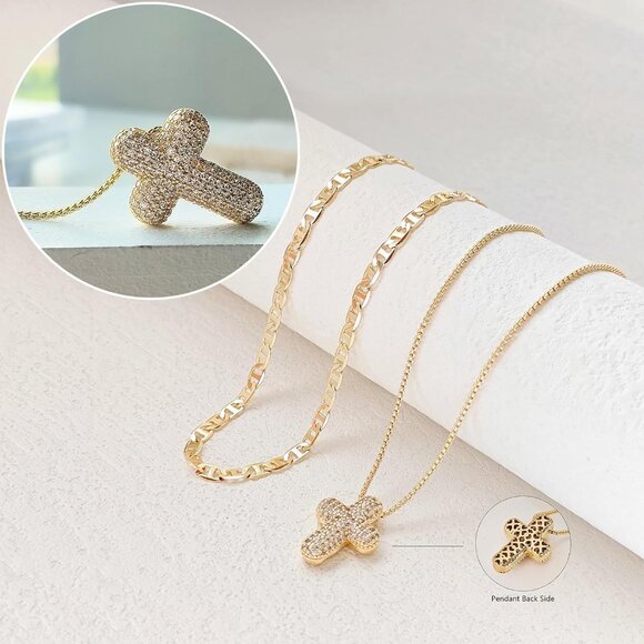 Bubble Cross Necklace for Women 14k Gold Plated Cross Necklace Stackable Dainty - Picture 5 of 7